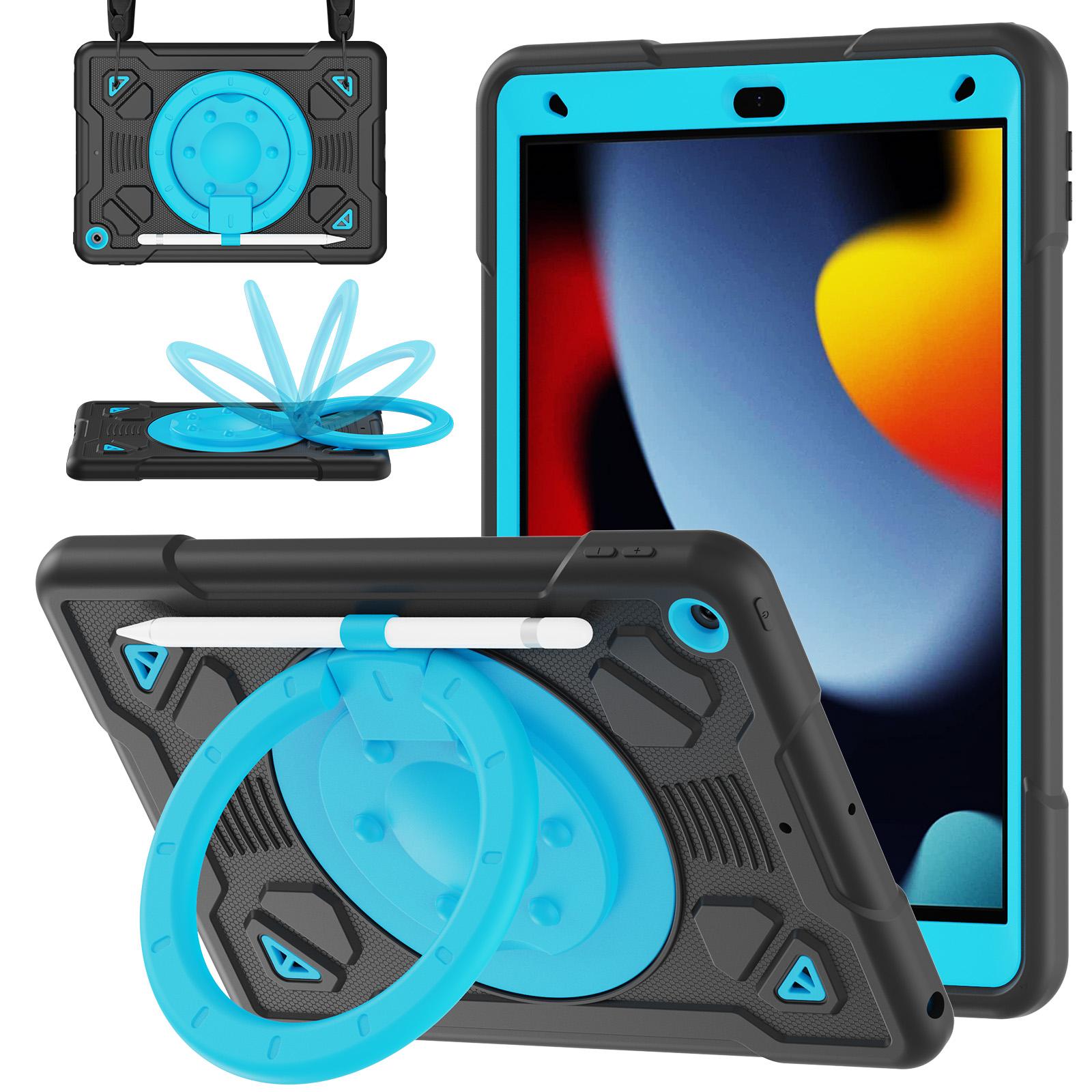 For iPad 10.2 2021 / 2020 / 2019 Space Planet Ring Holder Silicone Hydric PC Tablet Case with Shoulder Strap(Black Blue) - Shopkiz.com