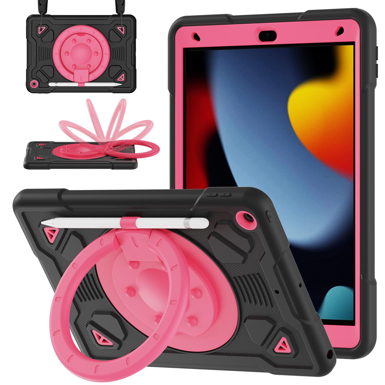 For iPad 10.2 2021 / 2020 / 2019 Space Planet Ring Holder Silicone Hydric PC Tablet Case with Shoulder Strap(Black Rose Red) - Shopkiz.com