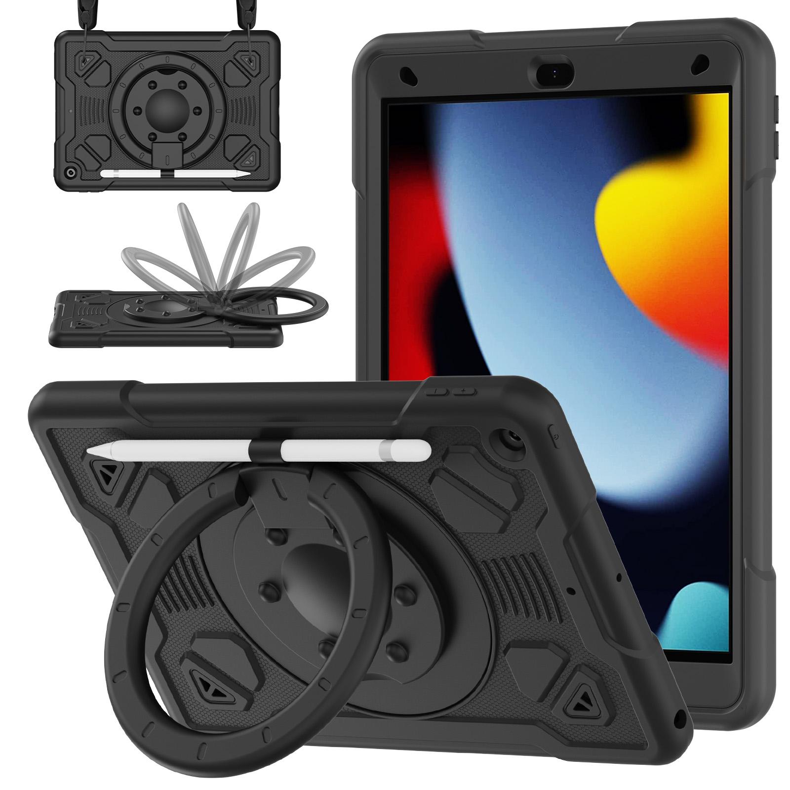For iPad 10.2 2021 / 2020 / 2019 Space Planet Ring Holder Silicone Hydric PC Tablet Case with Shoulder Strap(Black) - Shopkiz.com