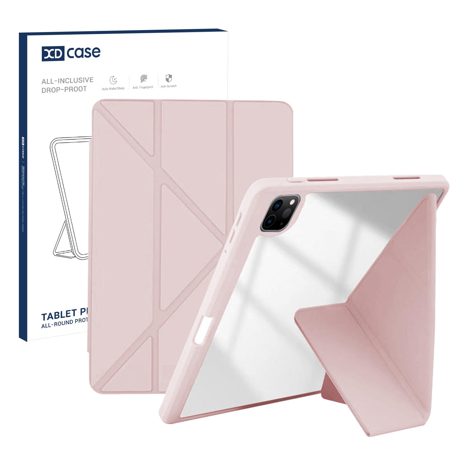 For iPad Pro 12.9 inch 2022 / 2021 / 2020 XDcase Rice Grain Texture Y-fold Holder Smart Tablet Leather Case with Pen Slot(Pink) - Shopkiz.com