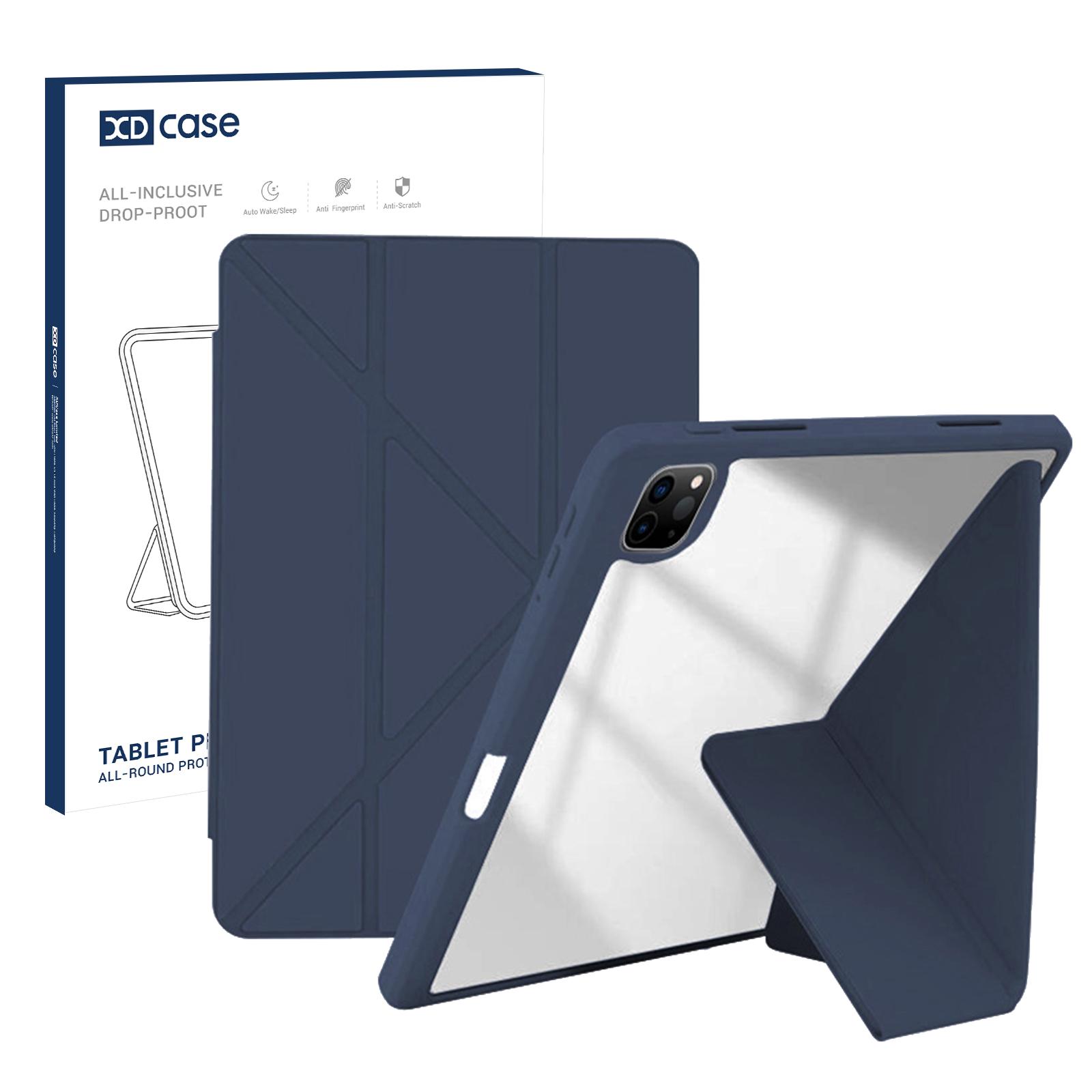 For iPad Pro 12.9 inch 2022 / 2021 / 2020 XDcase Rice Grain Texture Y-fold Holder Smart Tablet Leather Case with Pen Slot(Dark Blue) - Shopkiz.com
