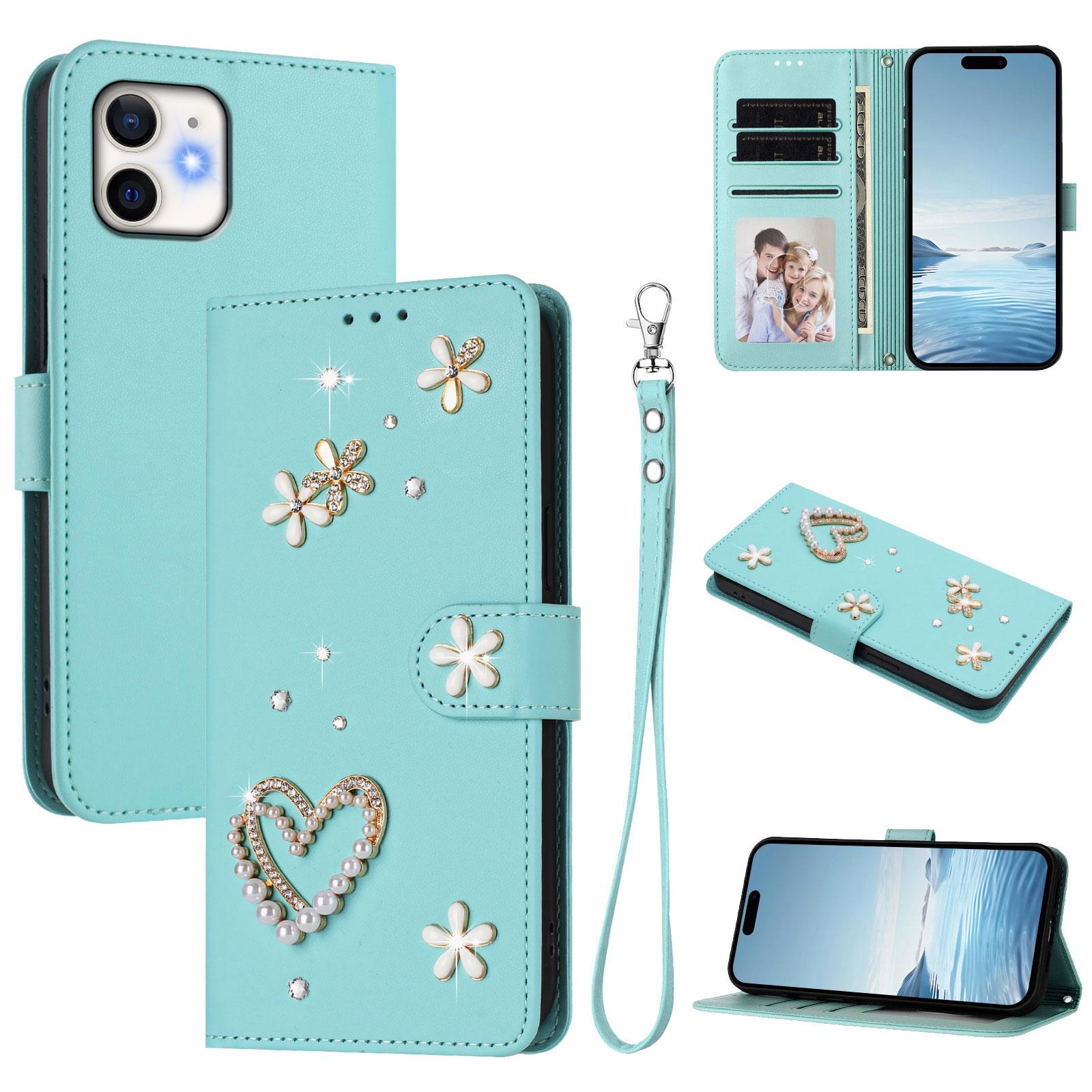 For iPhone 12 / 12 Pro ZS01 Double-Layer Heart Floral Vegan Leather Phone Case with Wrist Strap(Mint Green) - Shopkiz.com