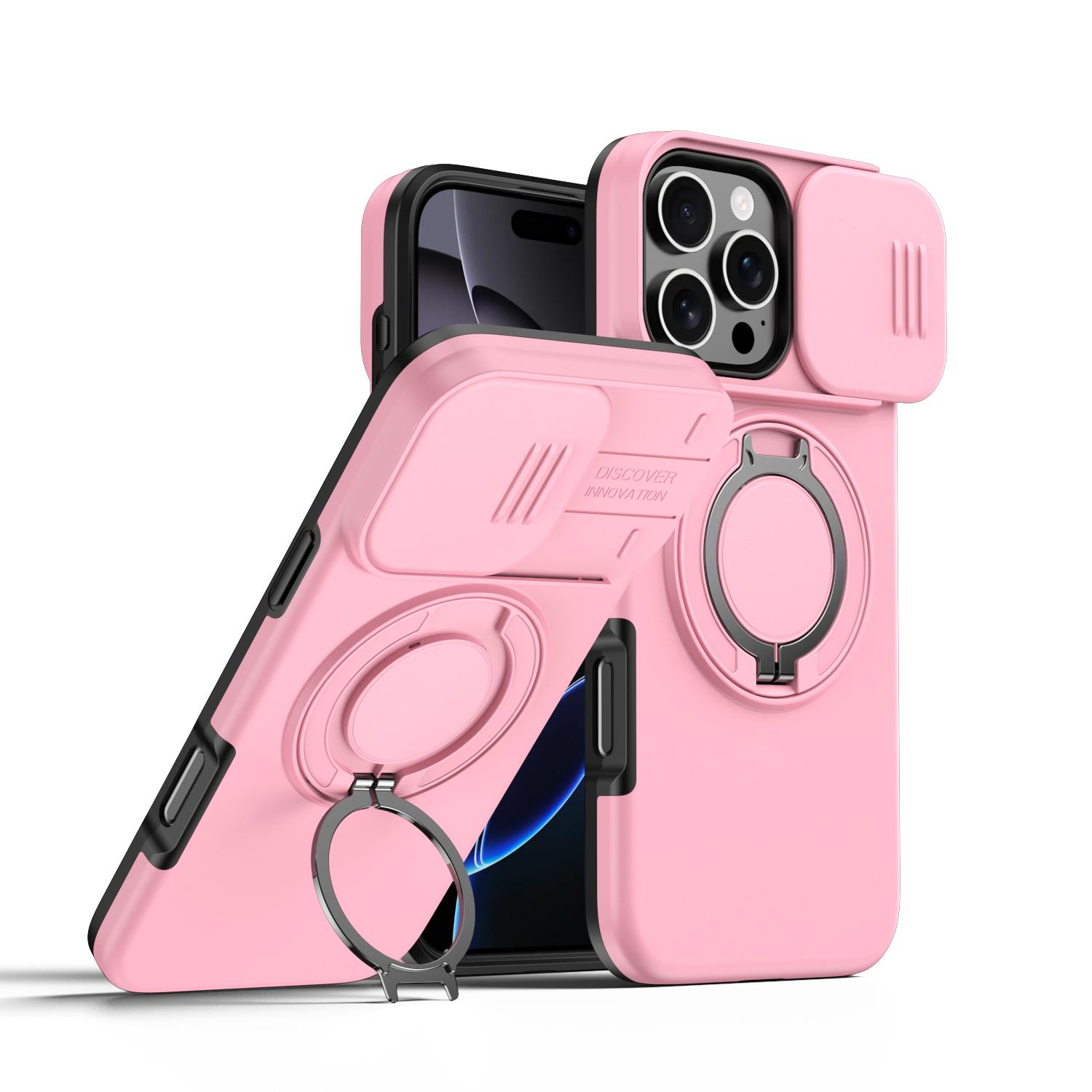 For iPhone 16 Pro Max Camera Sliding Shield Magnetic Rotation Holder Phone Case(Pink) - Shopkiz.com