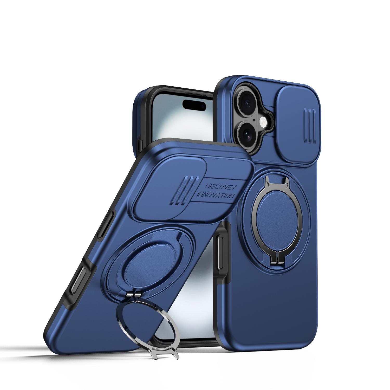For iPhone 16 Plus Camera Sliding Shield Magnetic Rotation Holder Phone Case(Blue) - Shopkiz.com