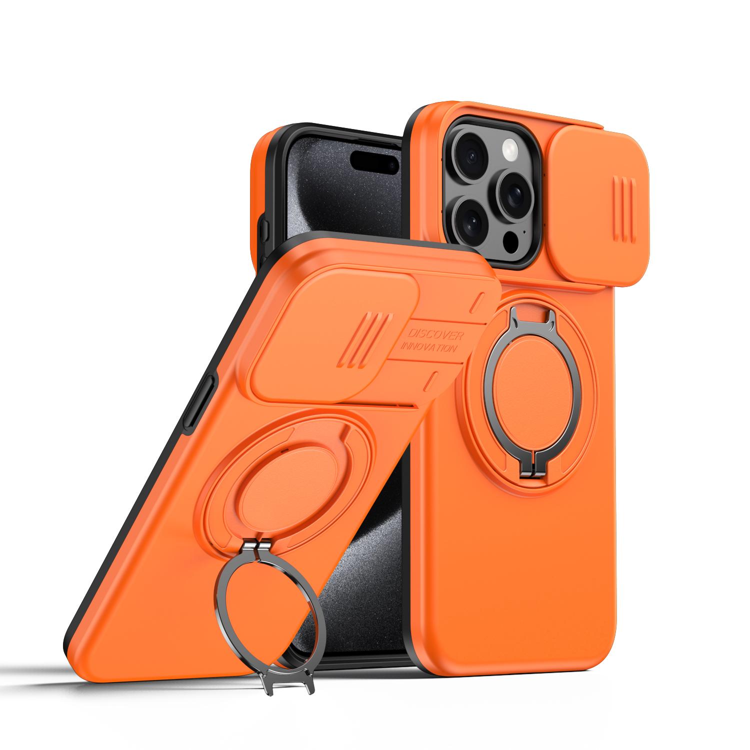 For iPhone 15 Pro Camera Sliding Shield Magnetic Rotation Holder Phone Case(Orange) - Shopkiz.com