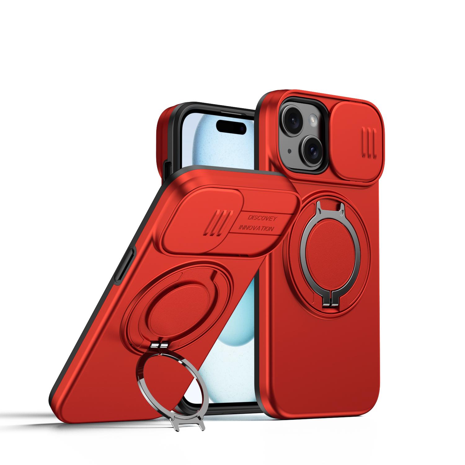 For iPhone 15 Plus / 14 Plus Camera Sliding Shield Magnetic Rotation Holder Phone Case(Red) - Shopkiz.com