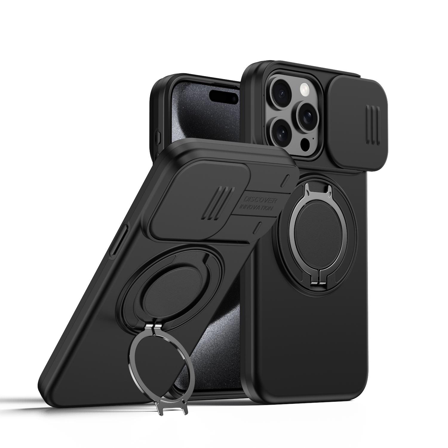 For iPhone 14 Pro Camera Sliding Shield Magnetic Rotation Holder Phone Case(Black) - Shopkiz.com