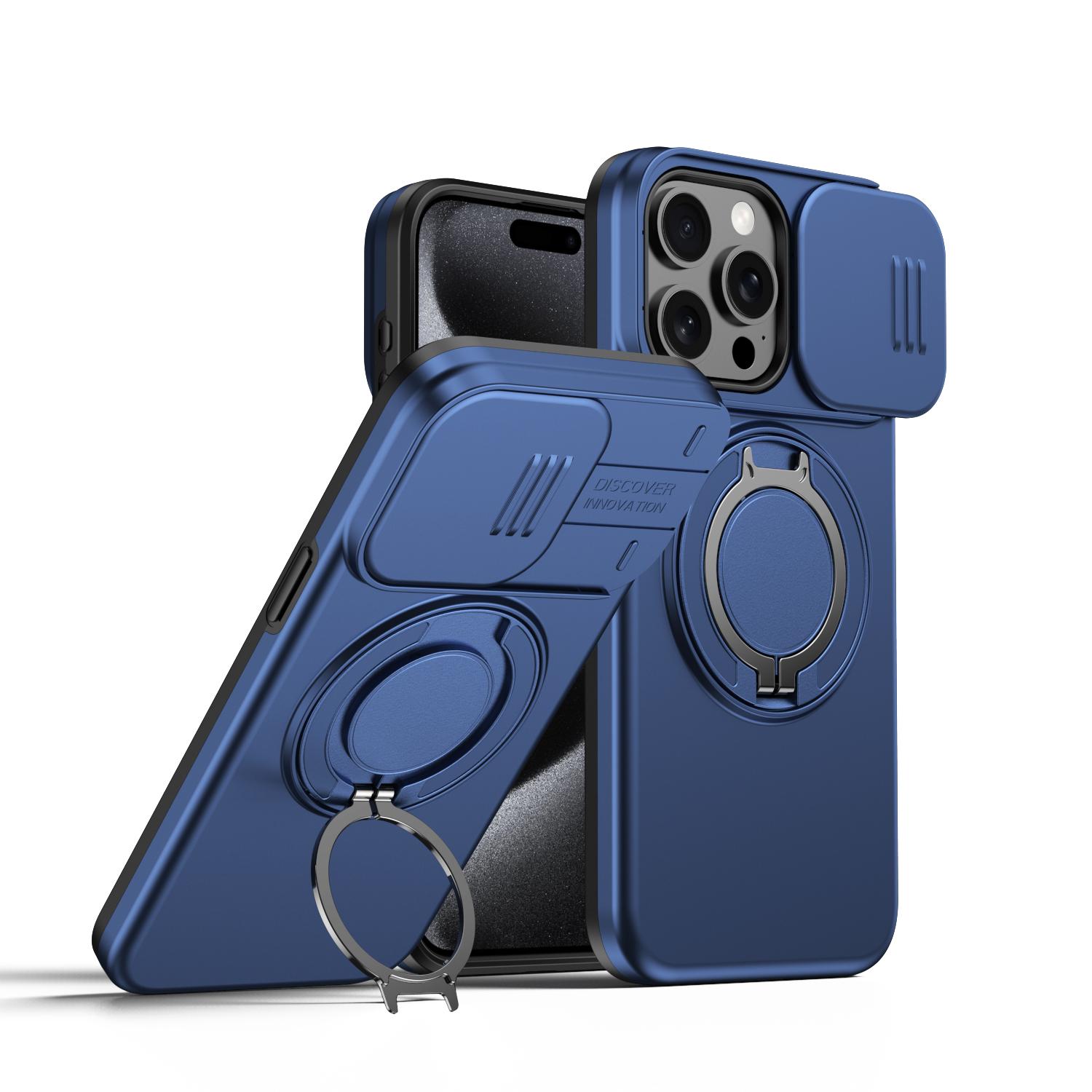 For iPhone 14 Pro Camera Sliding Shield Magnetic Rotation Holder Phone Case(Blue) - Shopkiz.com