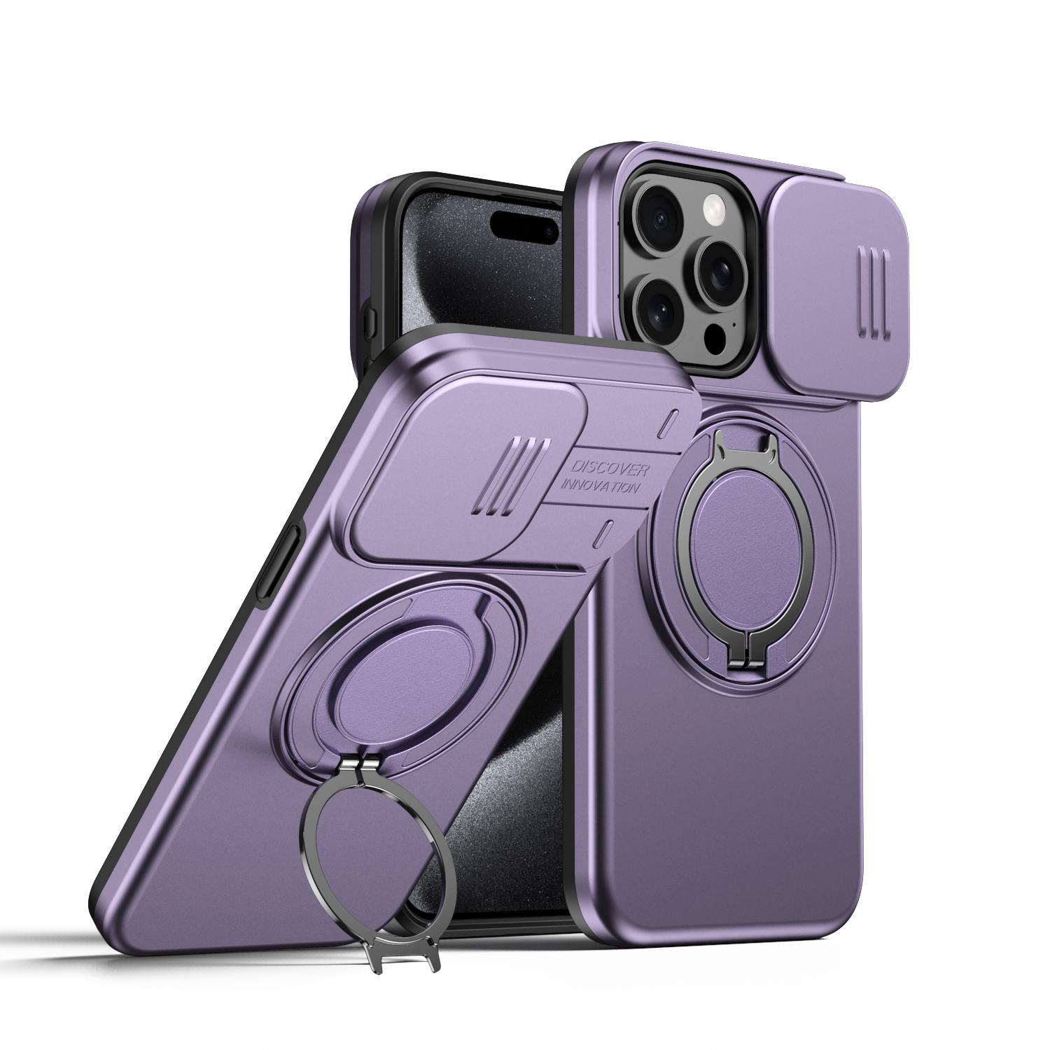 For iPhone 13 Pro Camera Sliding Shield Magnetic Rotation Holder Phone Case(Purple) - Shopkiz.com