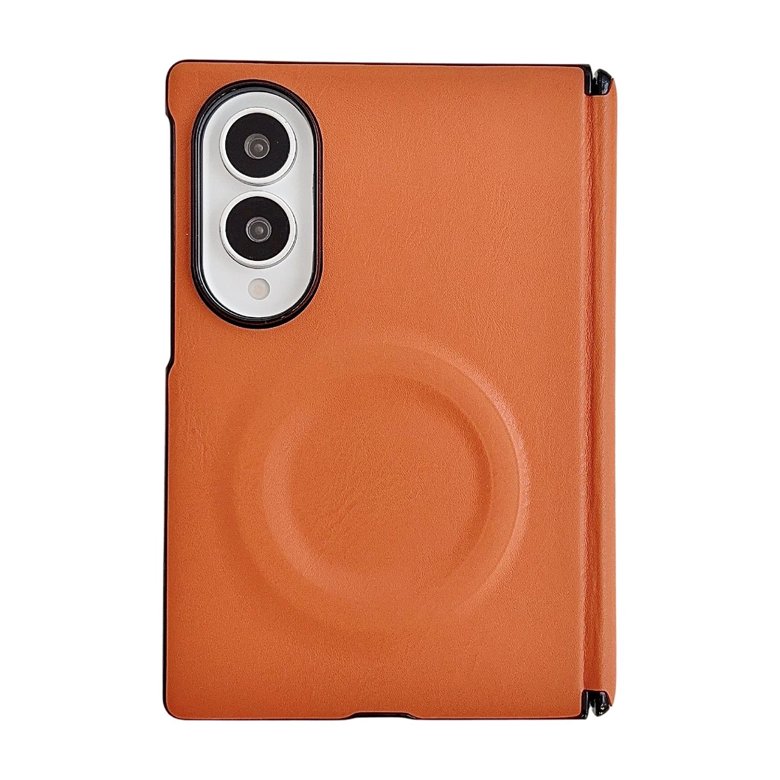 For Galaxy Z Fold8 5G Integrated Magnetic Axis Solid Color Leather Texture Phone Case with Magnetic Ring(Orange) - Shopkiz.com