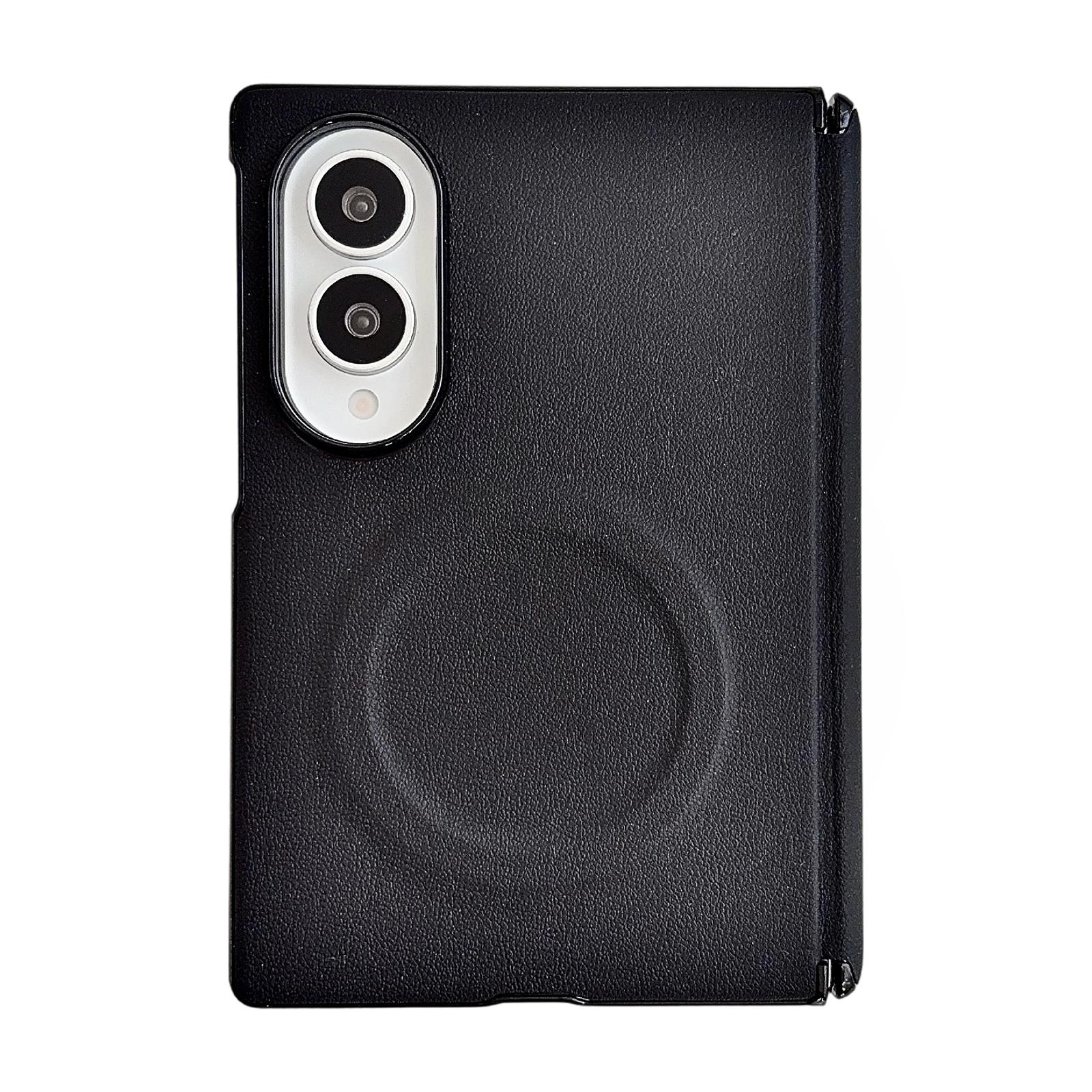 For Galaxy Z Fold8 5G Integrated Magnetic Axis Solid Color Leather Texture Phone Case with Magnetic Ring(Black) - Shopkiz.com