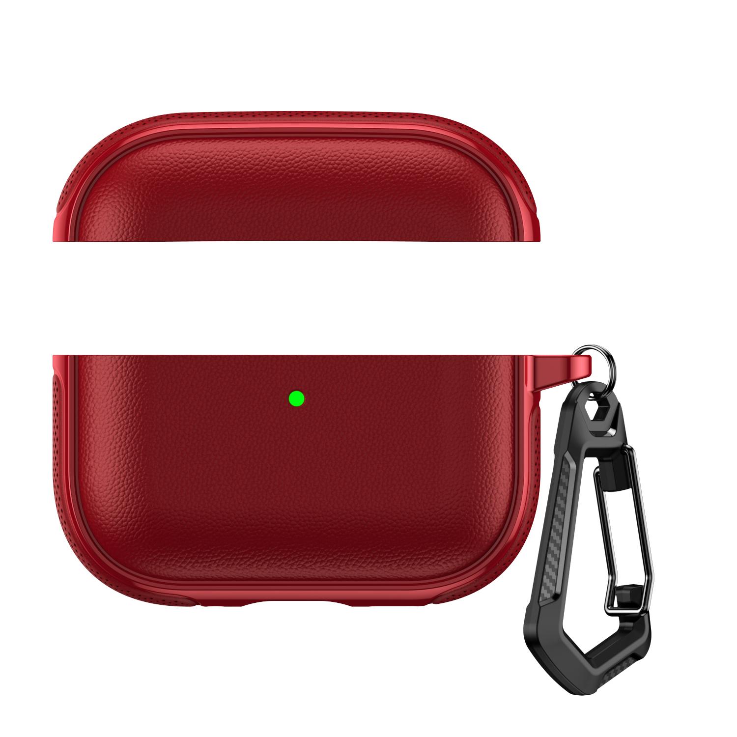 For AirPods Pro 2 / AirPods Pro Split Design Vegan Leather Texture Earphone Protective Case With Metal Hook(Red) - Shopkiz.com