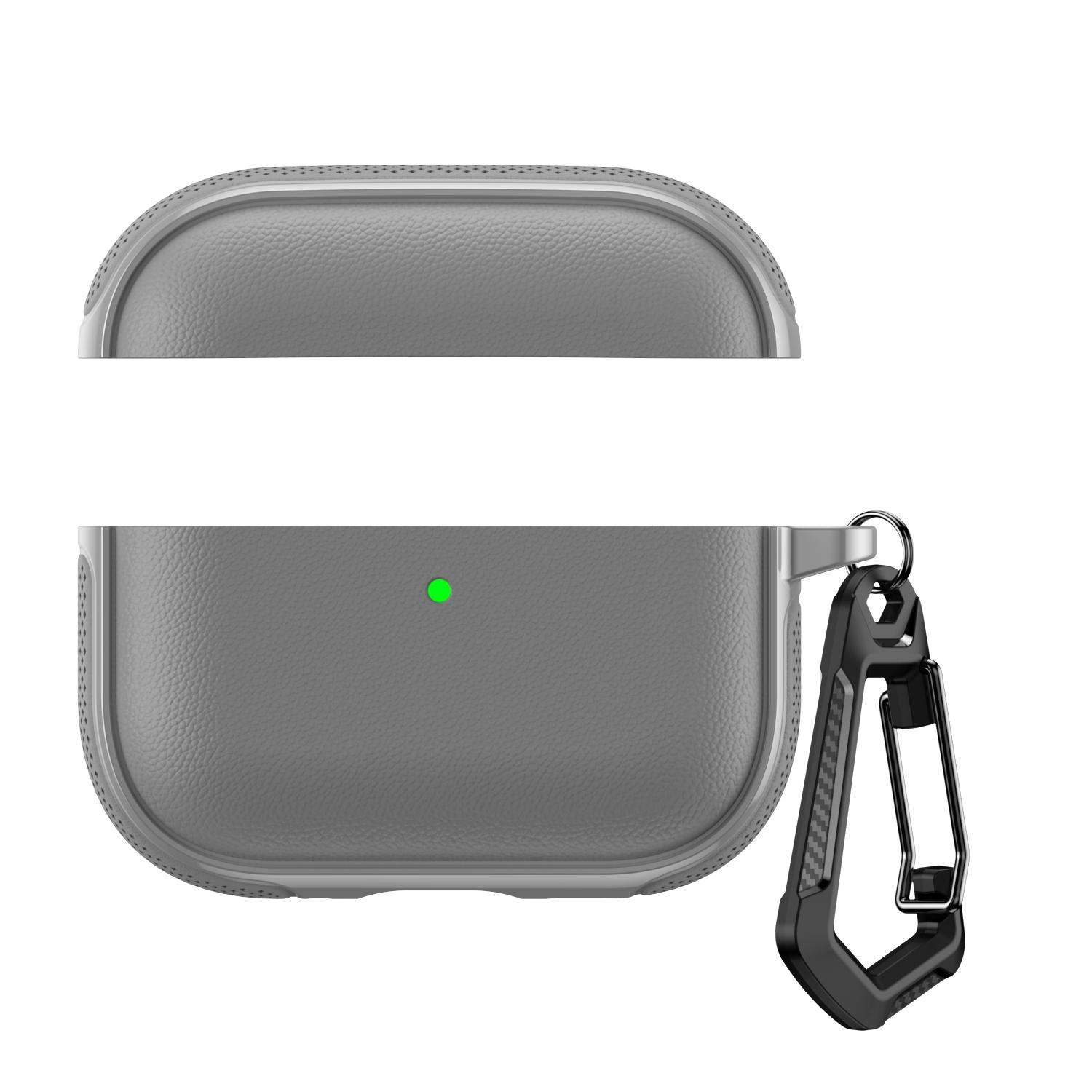 For AirPods Pro 2 / AirPods Pro Split Design Vegan Leather Texture Earphone Protective Case With Metal Hook(Gray) - Shopkiz.com