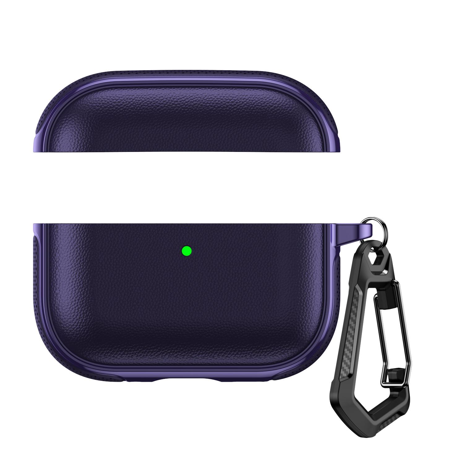 For AirPods Pro 2 / AirPods Pro Split Design Vegan Leather Texture Earphone Protective Case With Metal Hook(Dark Purple) - Shopkiz.com