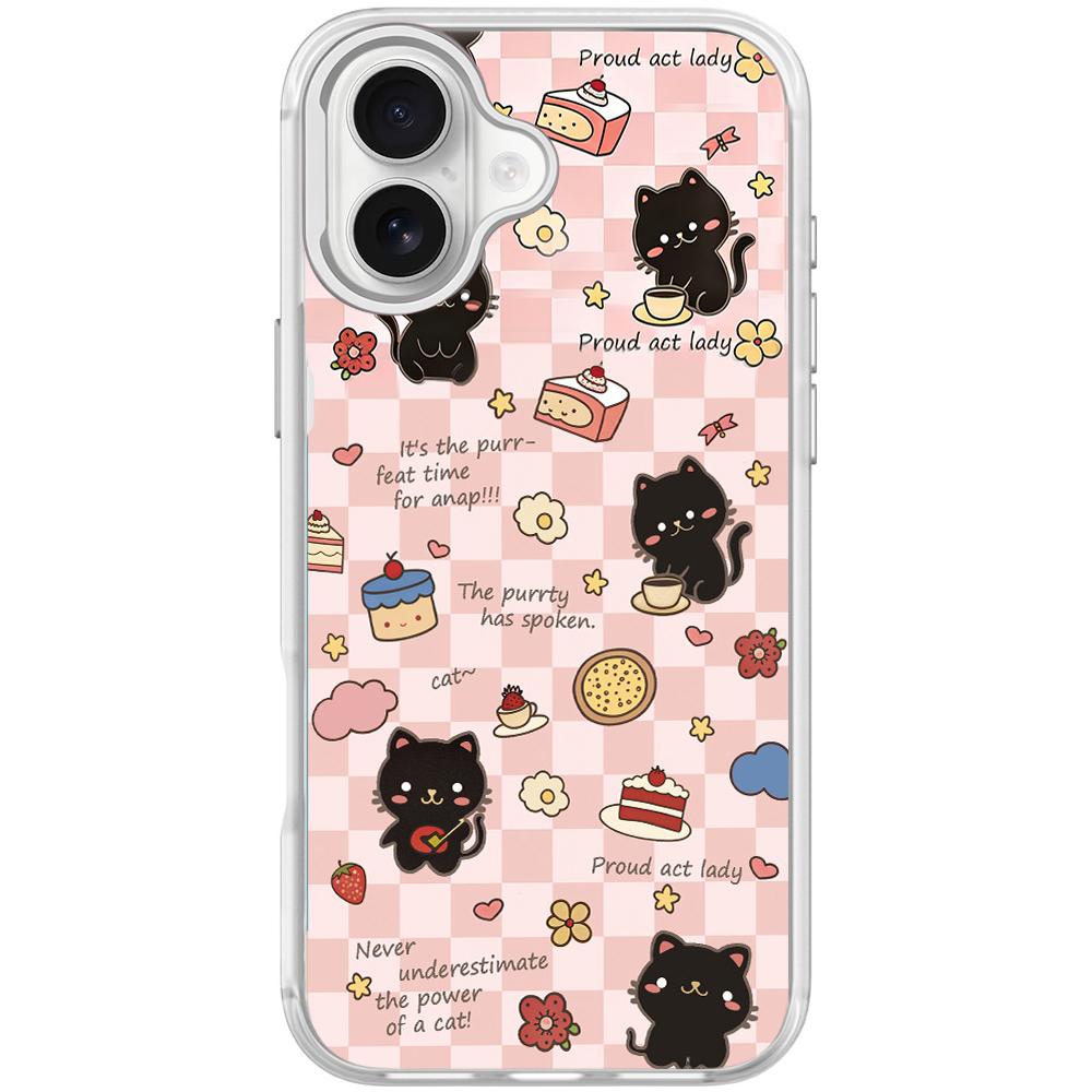 For iPhone 16 Adorable Dessert Cat Pattern Magnetic Phone Case(Transparent White) - Shopkiz.com