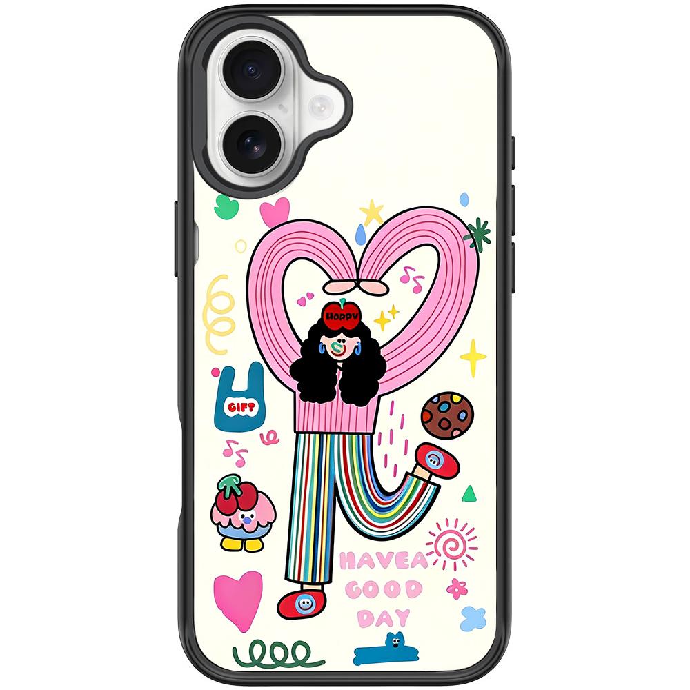 For iPhone 16 Plus Dopamine Girl Pattern Magnetic Phone Case(Black) - Shopkiz.com