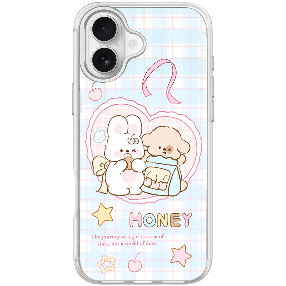 For iPhone 17 Adorable Love Rabbit Pattern Magnetic Phone Case(Transparent White) - Shopkiz.com