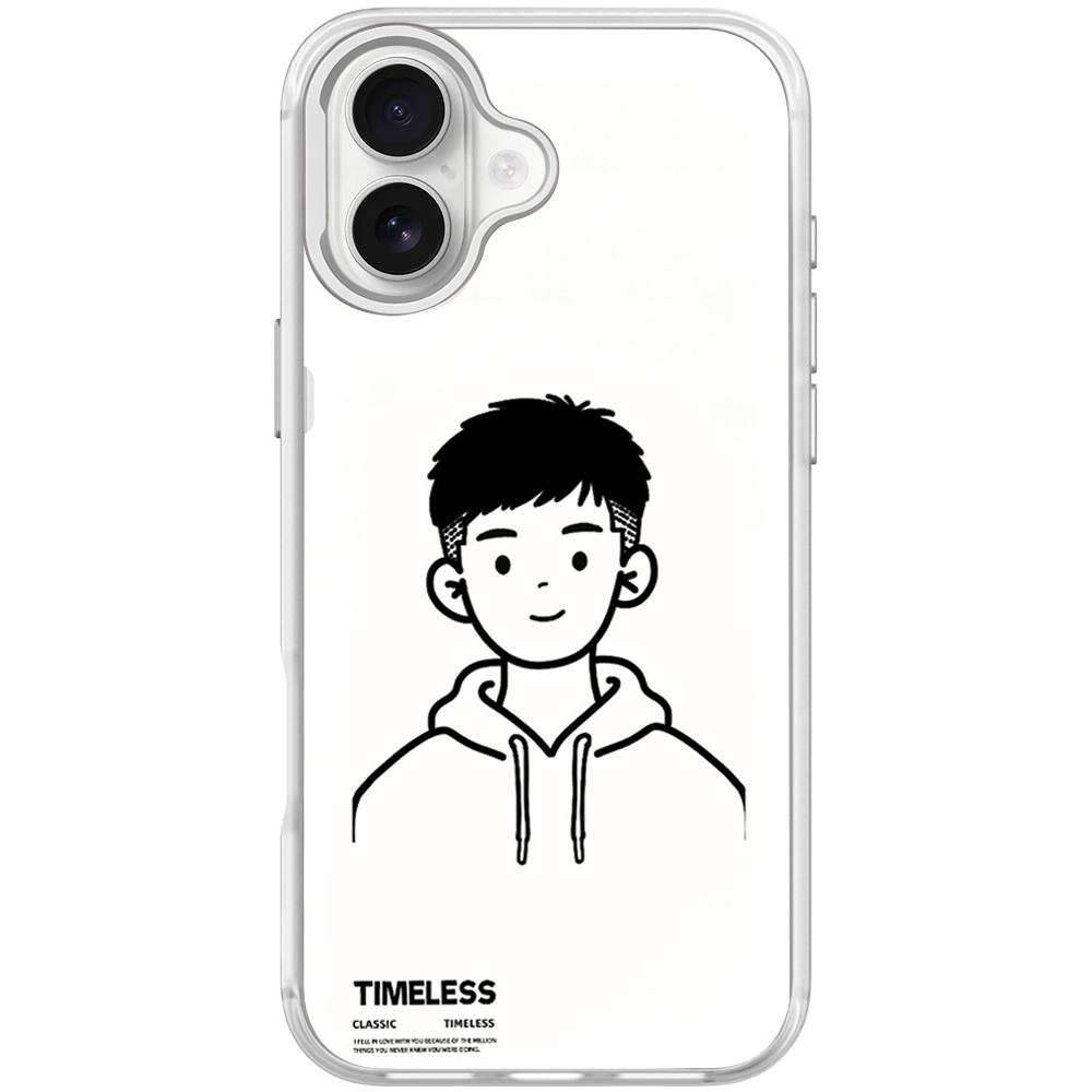 For iPhone 16 Plus Sketch Hooded Boy Pattern Magnetic Phone Case(Transparent White) - Shopkiz.com