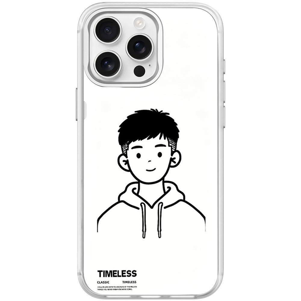 For iPhone 15 Pro Max Sketch Hooded Boy Pattern Magnetic Phone Case(Transparent White) - Shopkiz.com
