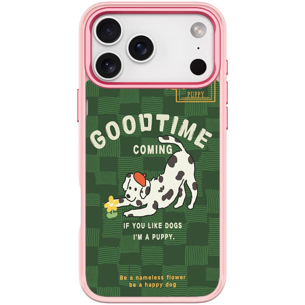 For iPhone 17 Pro Adorable Flower Catching Dog Pattern Magnetic Phone Case(Pink) - Shopkiz.com