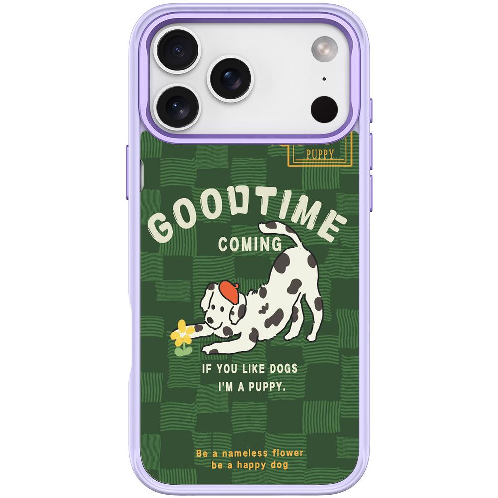 For iPhone 17 Pro Adorable Flower Catching Dog Pattern Magnetic Phone Case(Light Purple) - Shopkiz.com