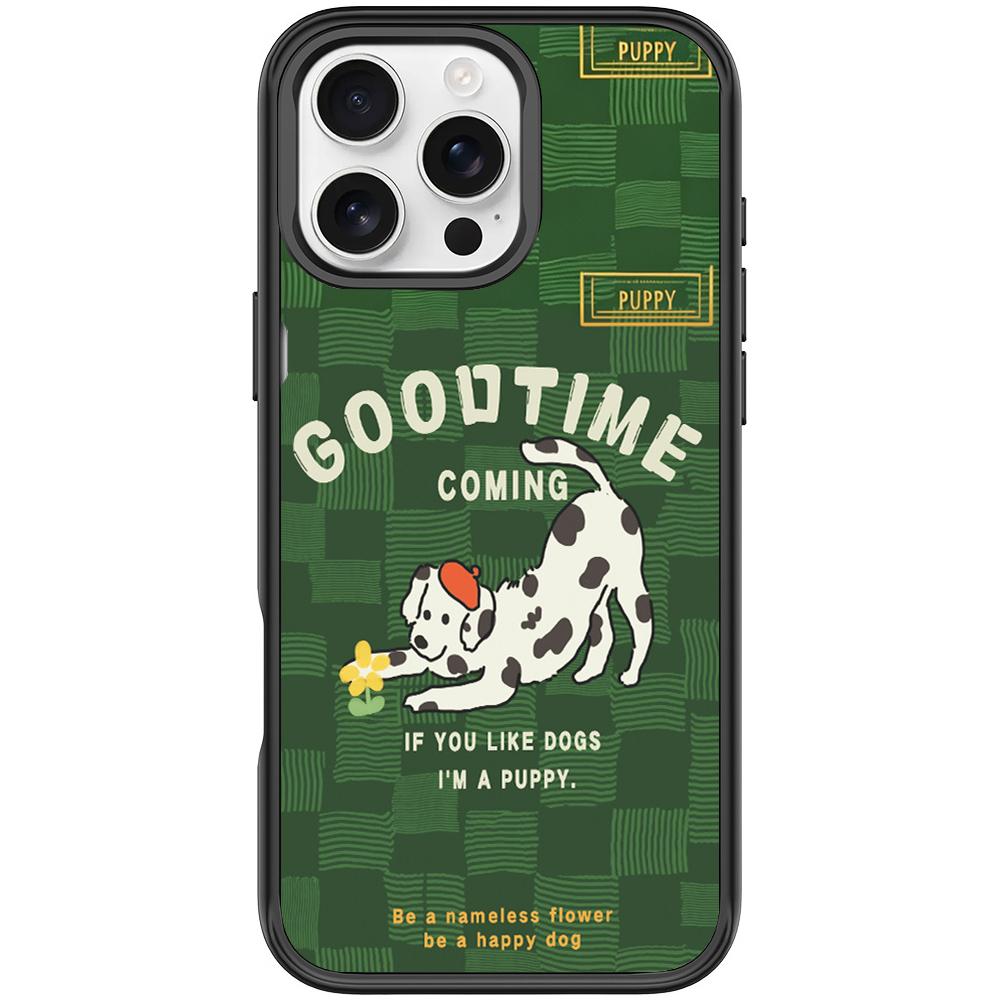 For iPhone 16 Pro Max Adorable Flower Catching Dog Pattern Magnetic Phone Case(Black) - Shopkiz.com