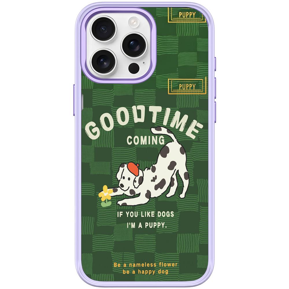 For iPhone 15 Pro Max Adorable Flower Catching Dog Pattern Magnetic Phone Case(Light Purple) - Shopkiz.com