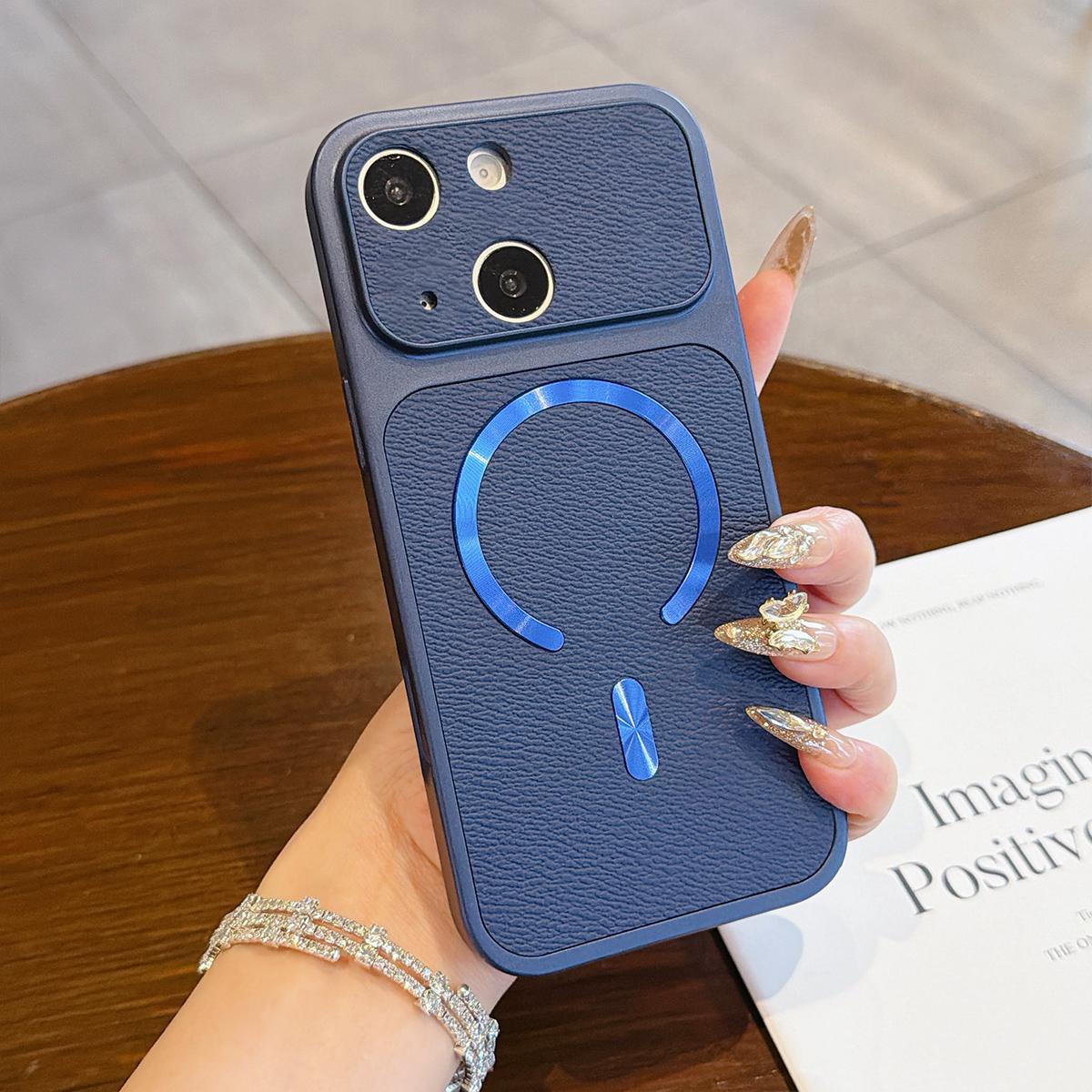 For iPhone 13 Litchi Texture Vegan Leather Magnetic Phone Case(Blue) - Shopkiz.com