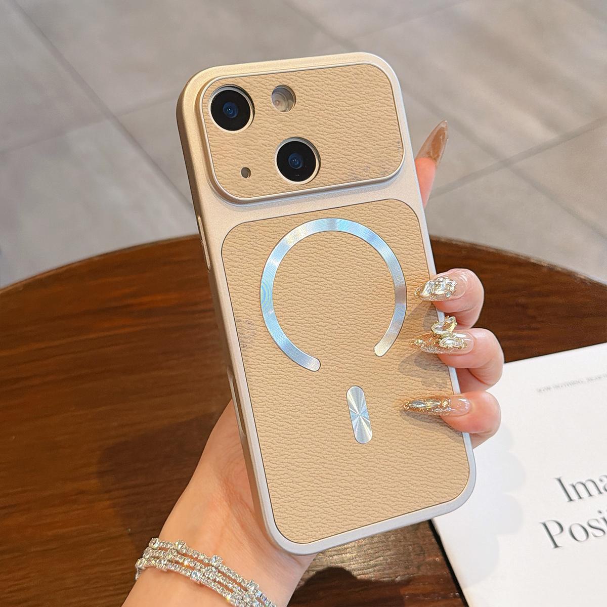 For iPhone 14 Litchi Texture Vegan Leather Magnetic Phone Case(Khaki) - Shopkiz.com