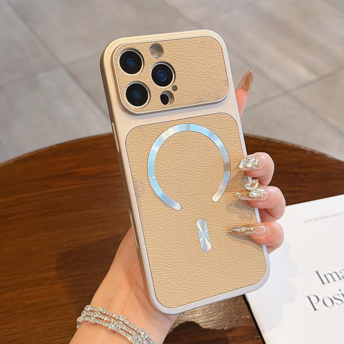 For iPhone 14 Pro Max Litchi Texture Vegan Leather Magnetic Phone Case(Khaki) - Shopkiz.com