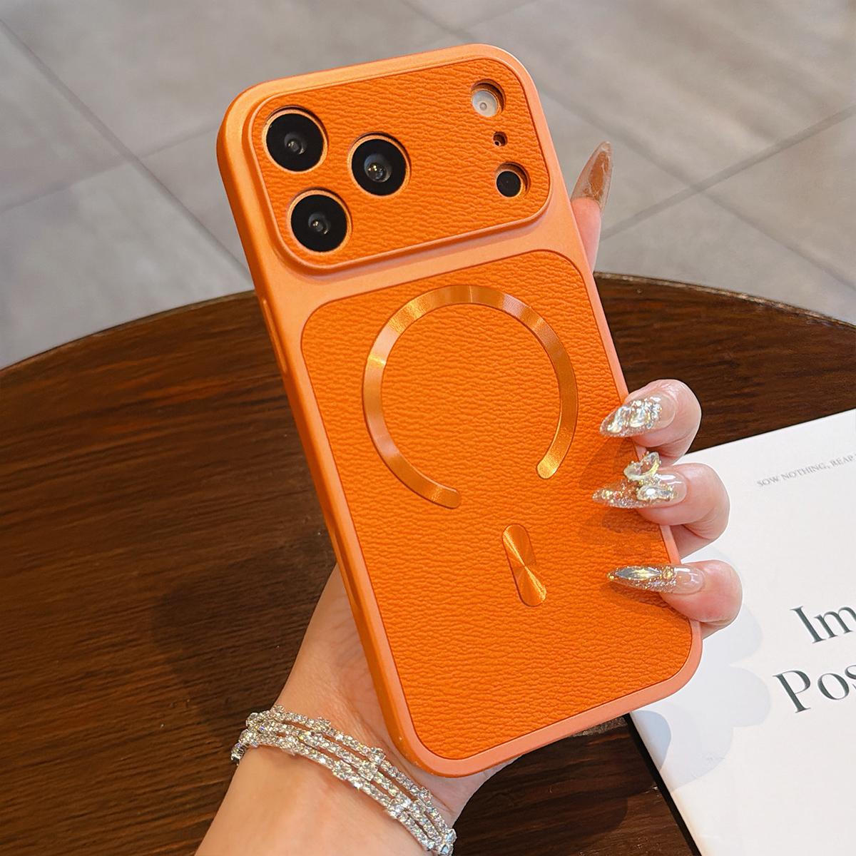 For iPhone 17 Pro Max Litchi Texture Vegan Leather Magnetic Phone Case(Orange) - Shopkiz.com
