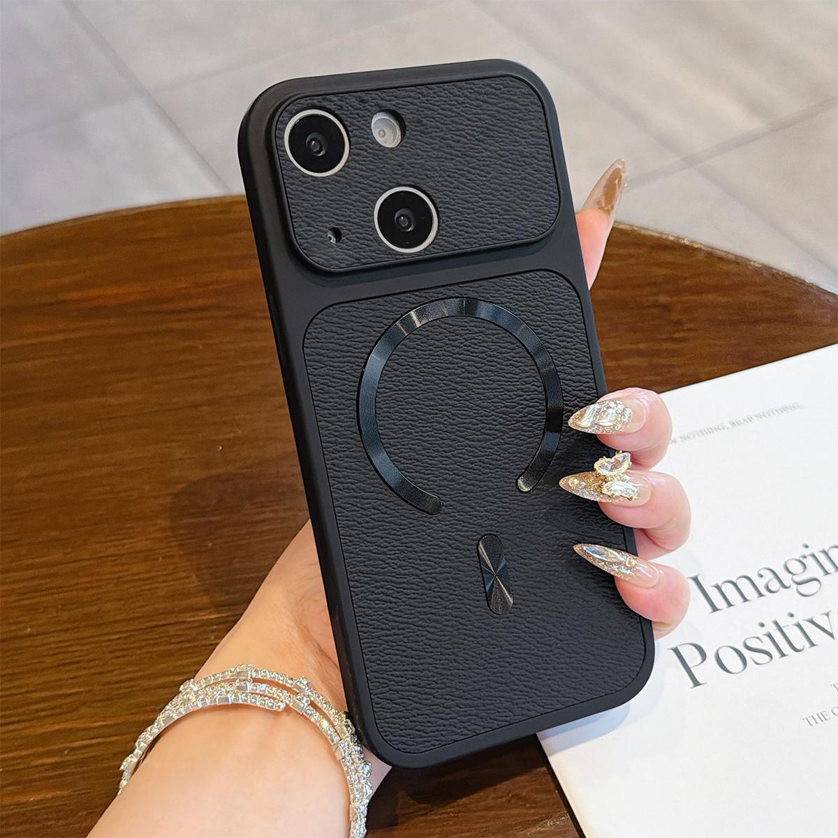 For iPhone 15 Plus Litchi Texture Vegan Leather Magnetic Phone Case(Black) - Shopkiz.com
