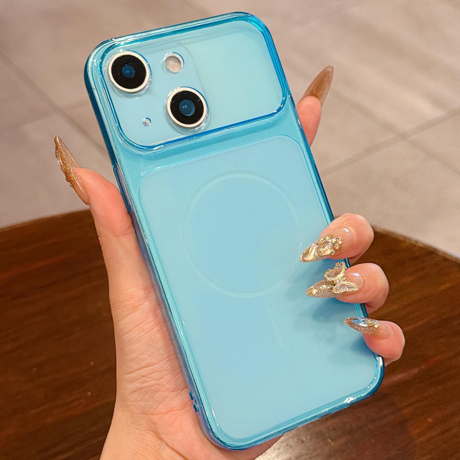 For iPhone 14 Plus Large Window Precision Hole Translucent Frosted TPU Phone Case(Blue) - Shopkiz.com