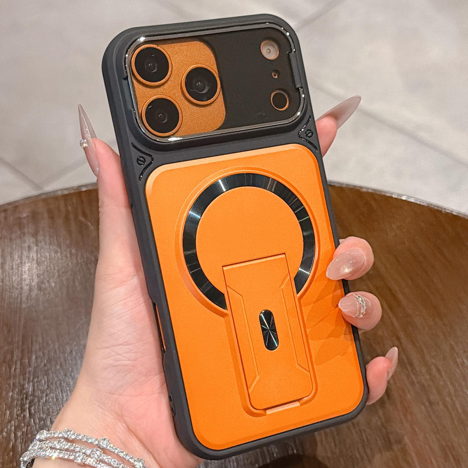 For iPhone 18 Pro Max Shockproof Lens Cover Magnetic Phone Case with Hidden Holder(Orange) - Shopkiz.com