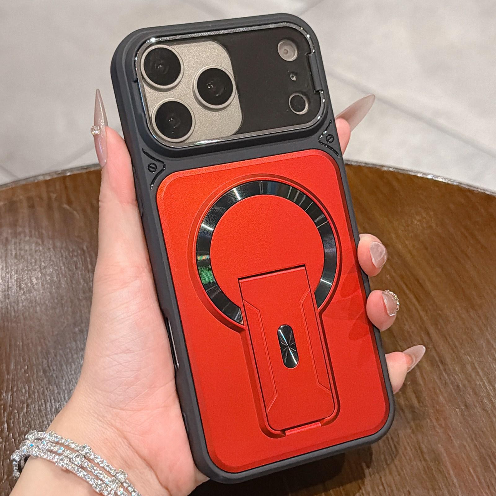 For iPhone 18 Pro Max Shockproof Lens Cover Magnetic Phone Case with Hidden Holder(Red) - Shopkiz.com
