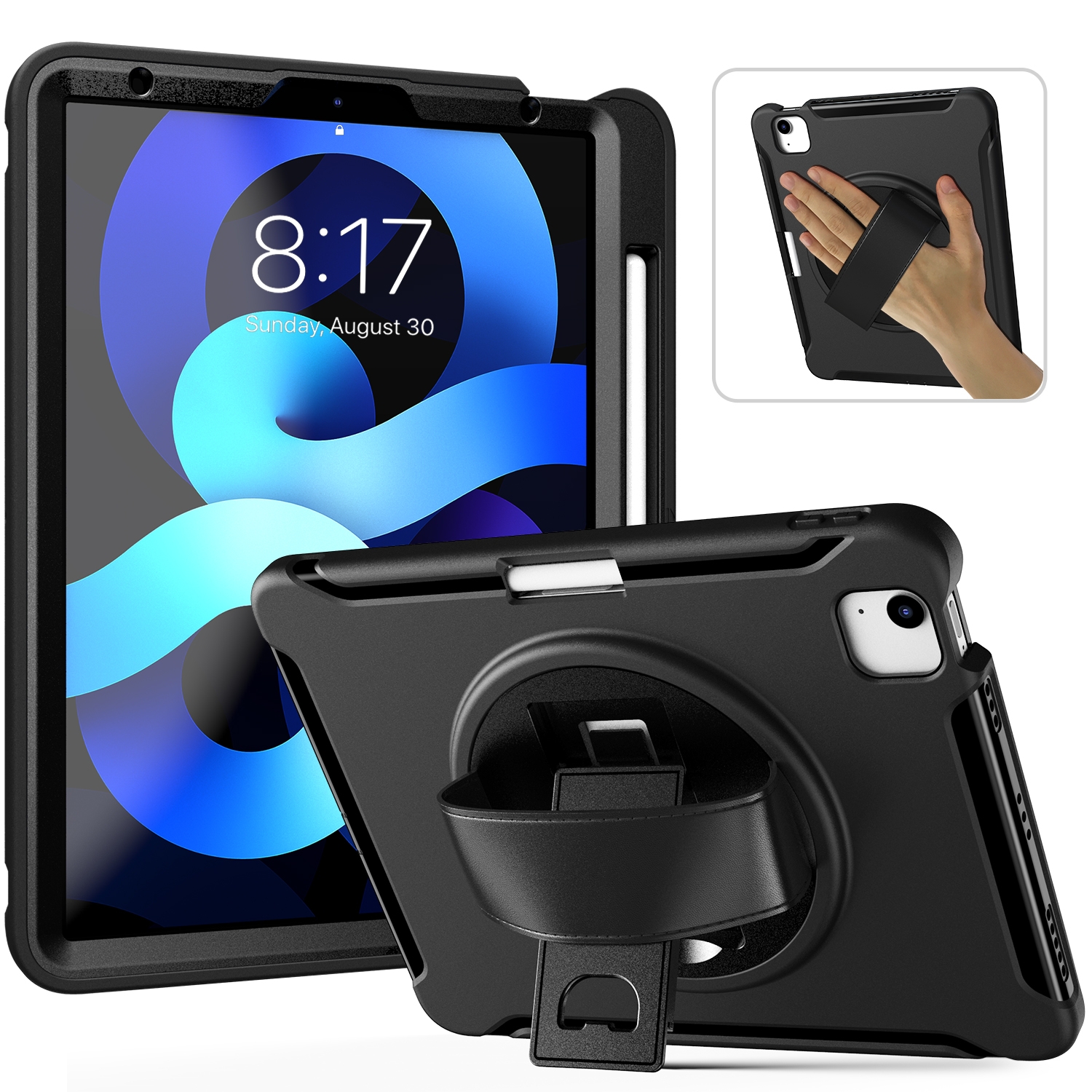 For iPad Air 2022 / 2020 10.9 360 Degree Rotation PC + TPU Protective Case with Holder & Hand-strap & Pen Slot(Black) - Shopkiz.com