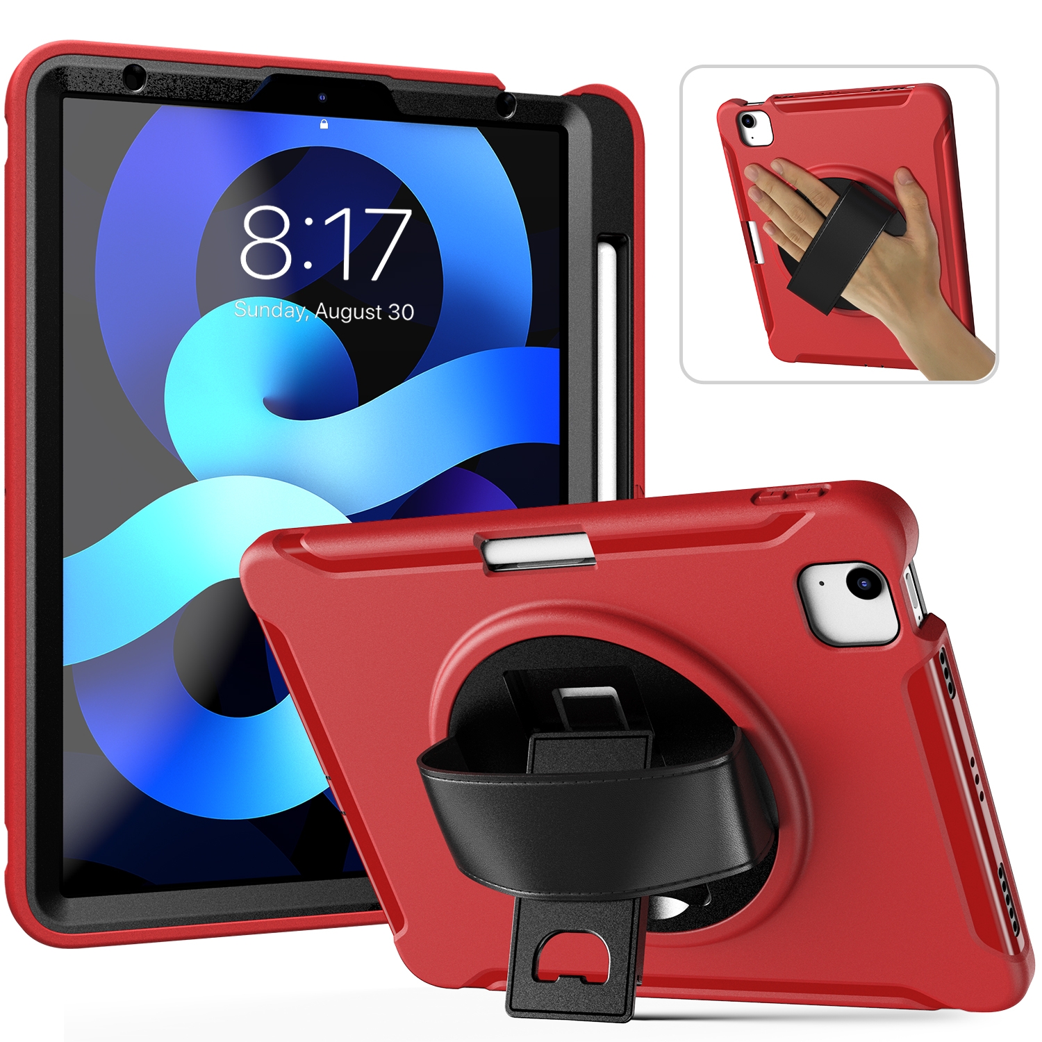 For iPad Air 2022 / 2020 10.9 360 Degree Rotation PC + TPU Protective Case with Holder & Hand-strap & Pen Slot(Red) - Shopkiz.com