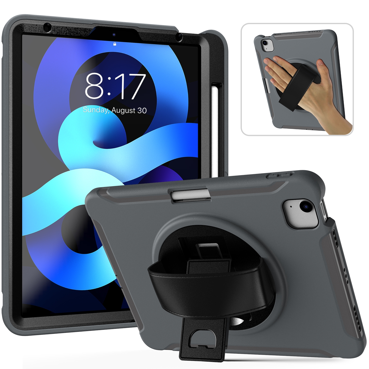 For iPad Air 2022 / 2020 10.9 360 Degree Rotation PC + TPU Protective Case with Holder & Hand-strap & Pen Slot(Grey) - Shopkiz.com