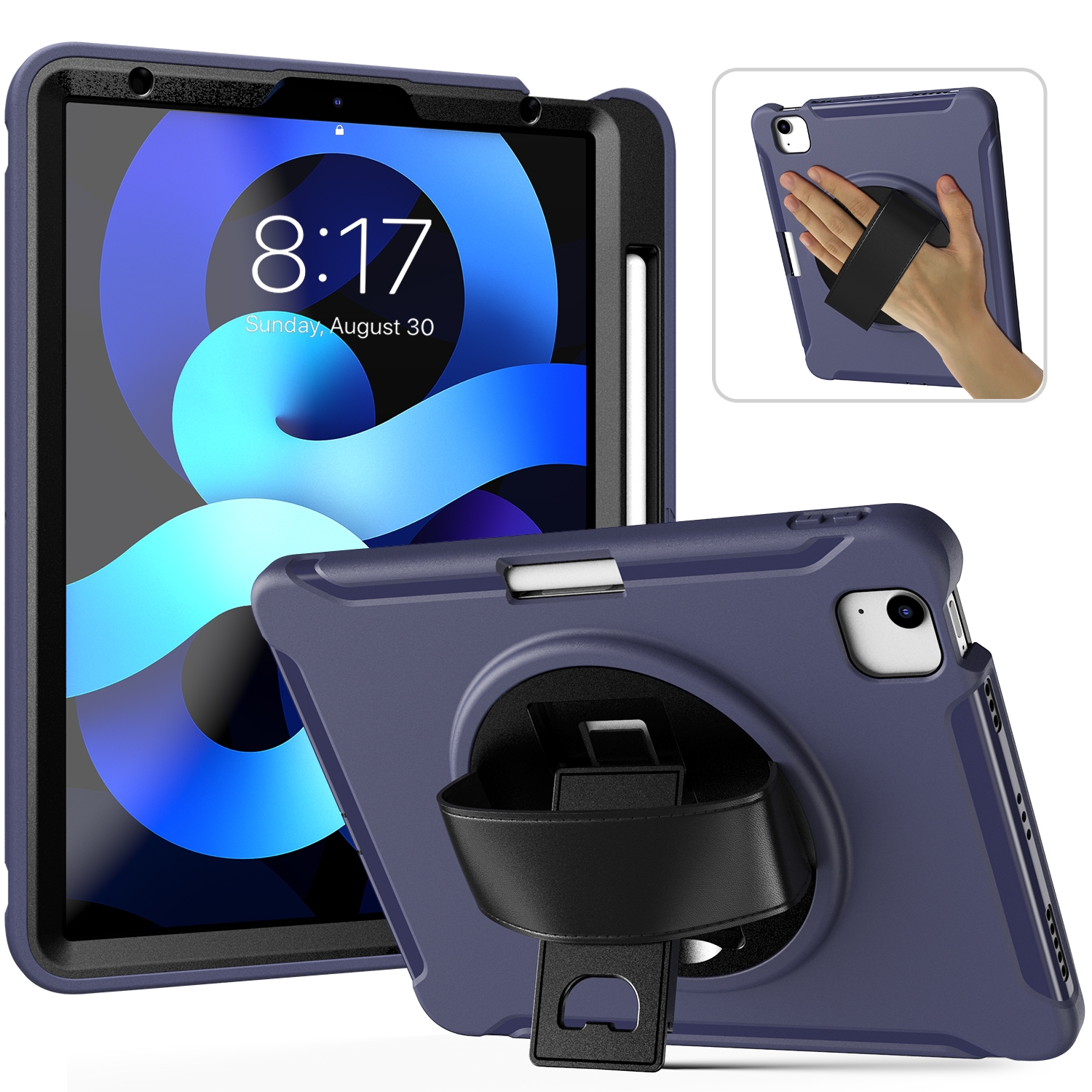 For iPad Air 2022 / 2020 10.9 360 Degree Rotation PC + TPU Protective Case with Holder & Hand-strap & Pen Slot(Blue) - Shopkiz.com