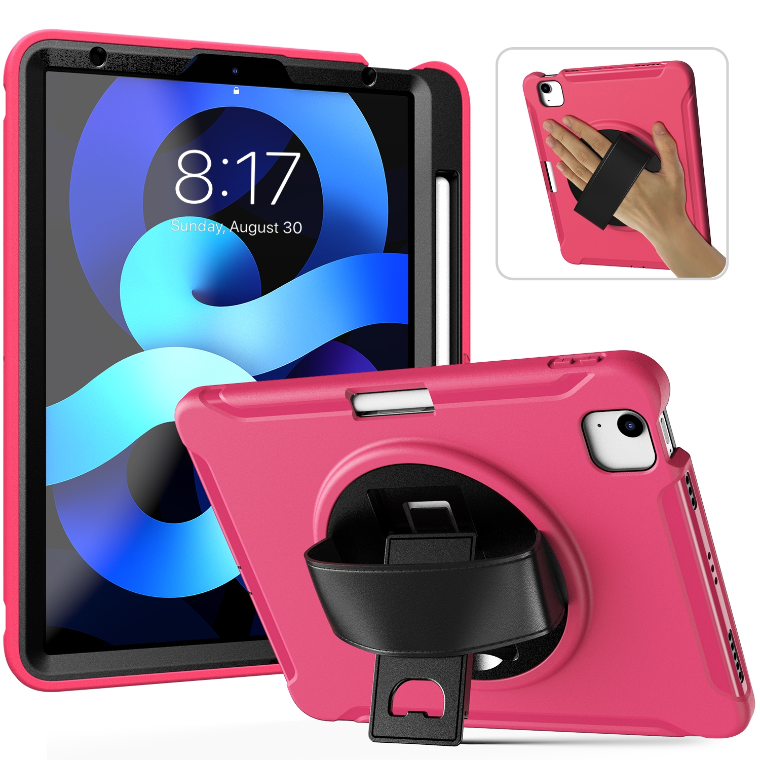 For iPad Air 2022 / 2020 10.9 360 Degree Rotation PC + TPU Protective Case with Holder & Hand-strap & Pen Slot(Rose Red) - Shopkiz.com
