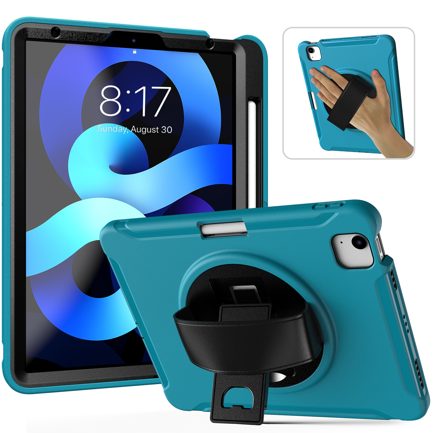 For iPad Air 2022 / 2020 10.9 360 Degree Rotation PC + TPU Protective Case with Holder & Hand-strap & Pen Slot(Light Blue) - Shopkiz.com