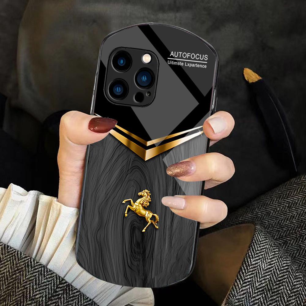 For iPhone 16 Pro Max Wood Texture Golden Horse Pattern TPU + PC + Tempered Glass Phone Case(Black) - Shopkiz.com