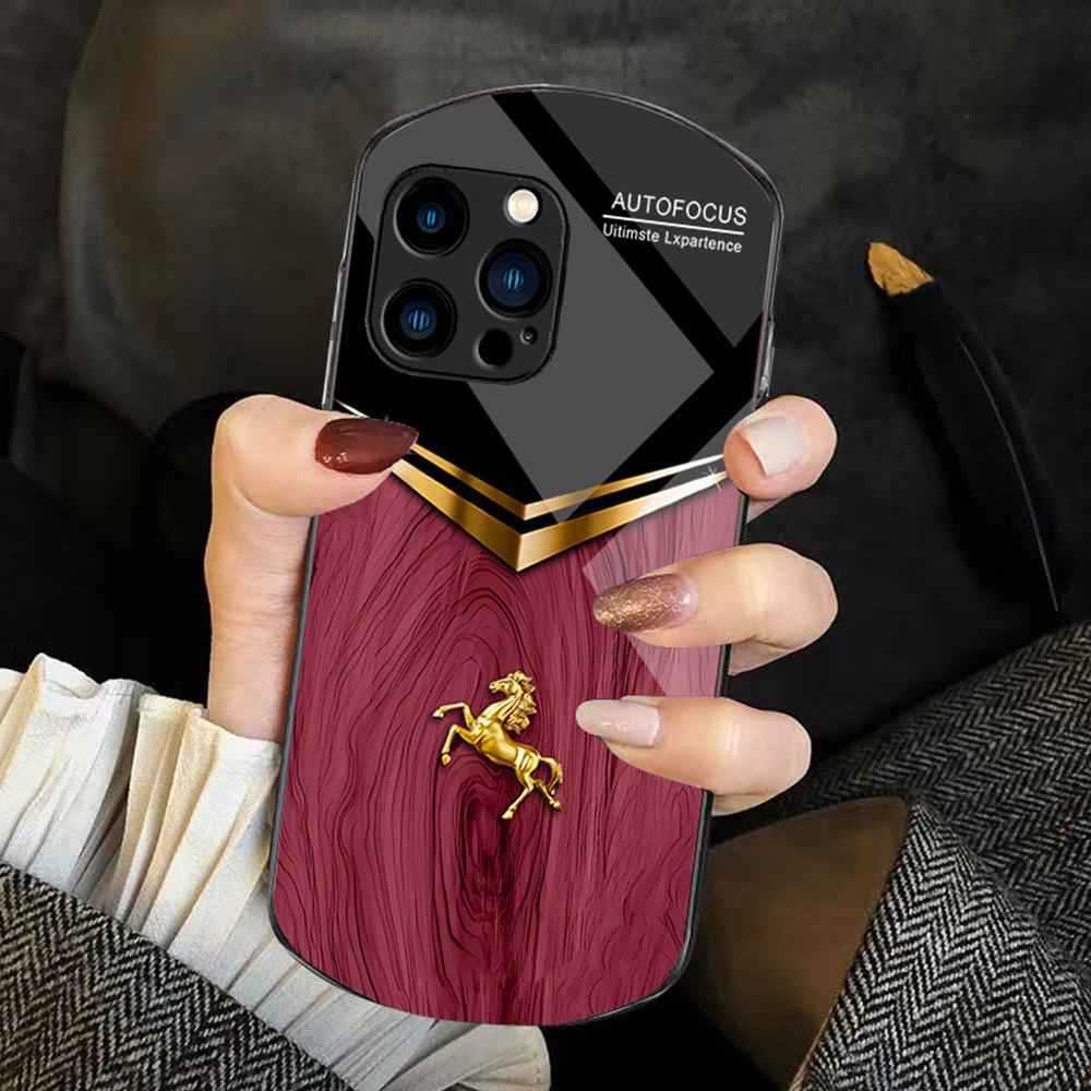 For iPhone 16 Pro Wood Texture Golden Horse Pattern TPU + PC + Tempered Glass Phone Case(Red) - Shopkiz.com
