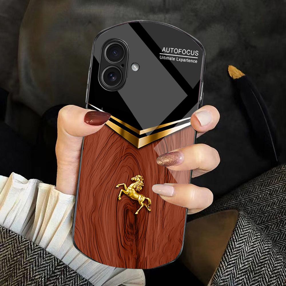 For iPhone 16 Plus Wood Texture Golden Horse Pattern TPU + PC + Tempered Glass Phone Case(Orange) - Shopkiz.com