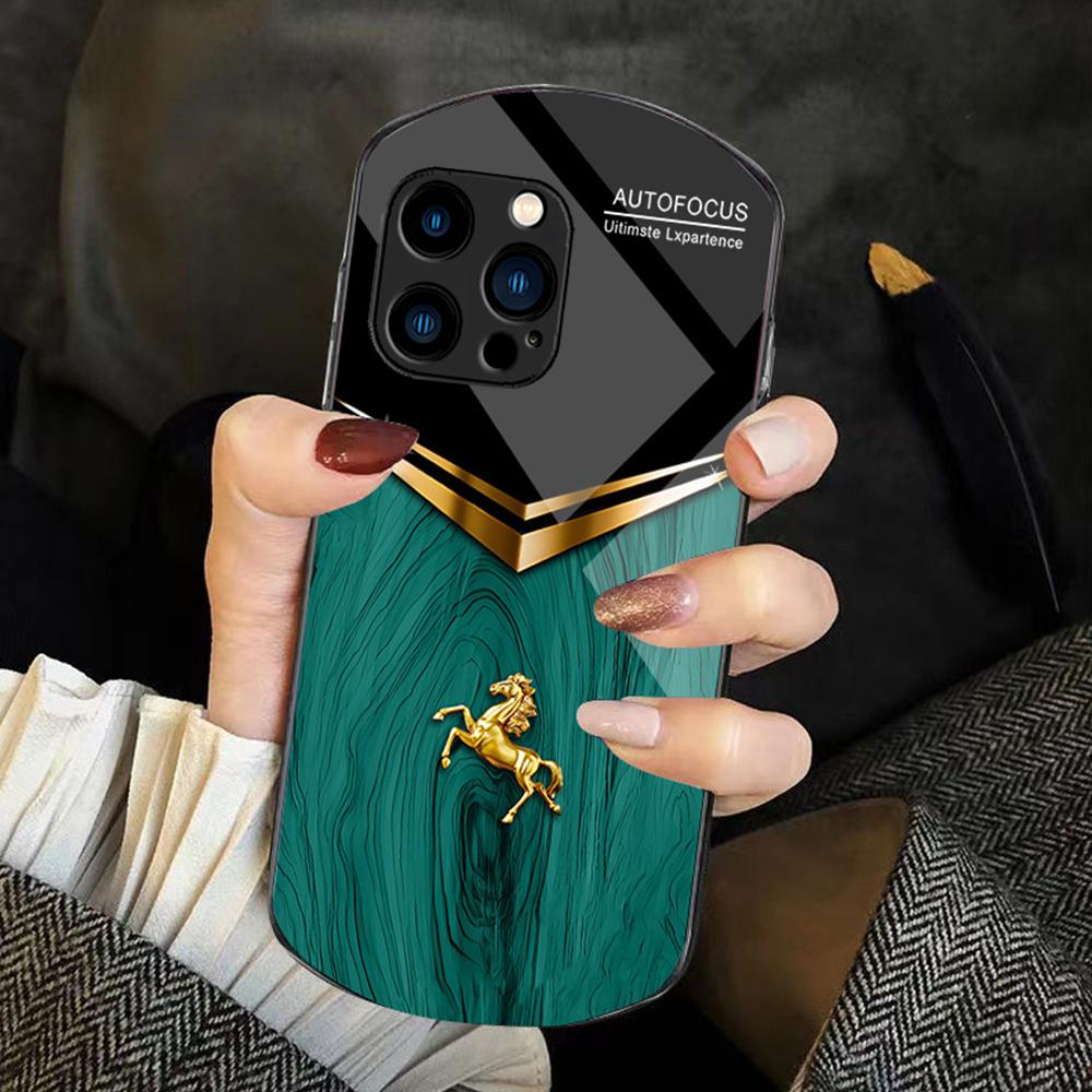 For iPhone 14 Pro Wood Texture Golden Horse Pattern TPU + PC + Tempered Glass Phone Case(Green) - Shopkiz.com