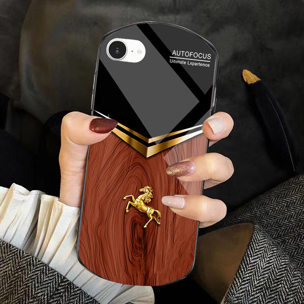 For iPhone 6 / 7 / 8 Wood Texture Golden Horse Pattern TPU + PC + Tempered Glass Phone Case(Orange) - Shopkiz.com