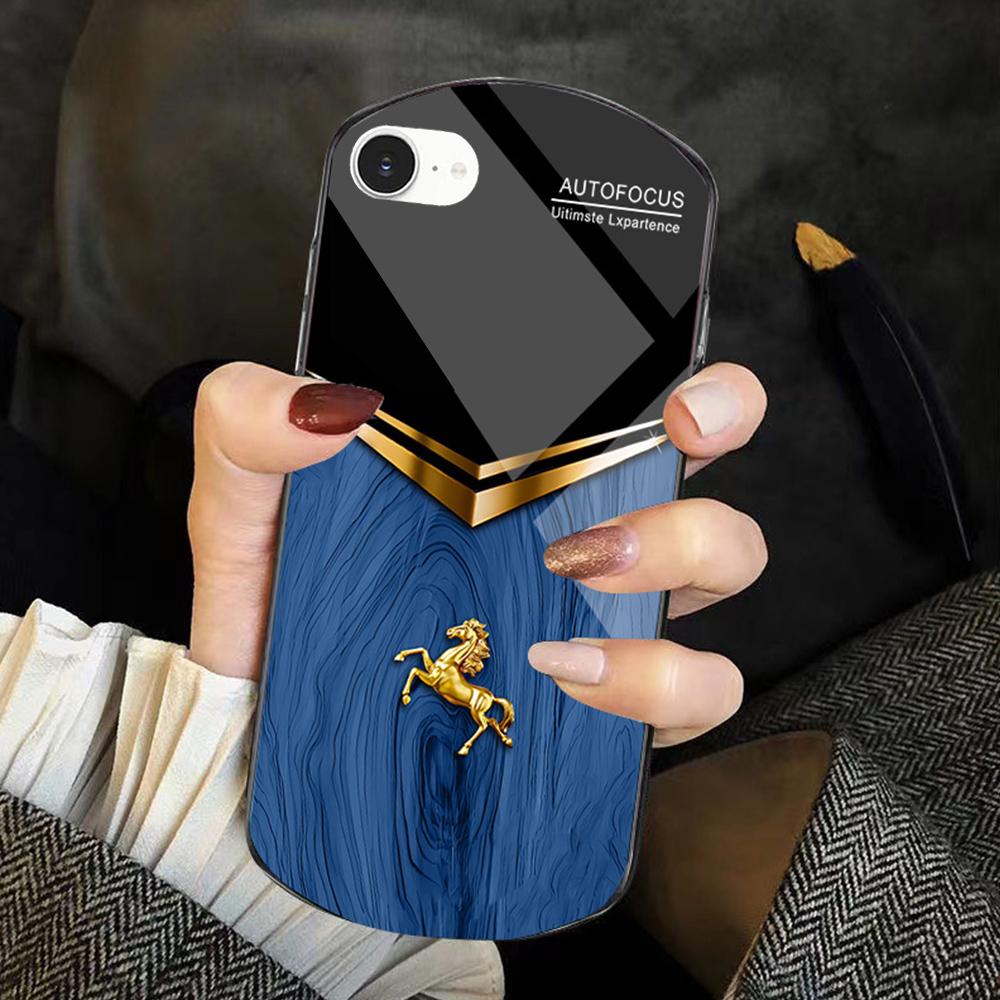 For iPhone 6 / 7 / 8 Wood Texture Golden Horse Pattern TPU + PC + Tempered Glass Phone Case(Blue) - Shopkiz.com