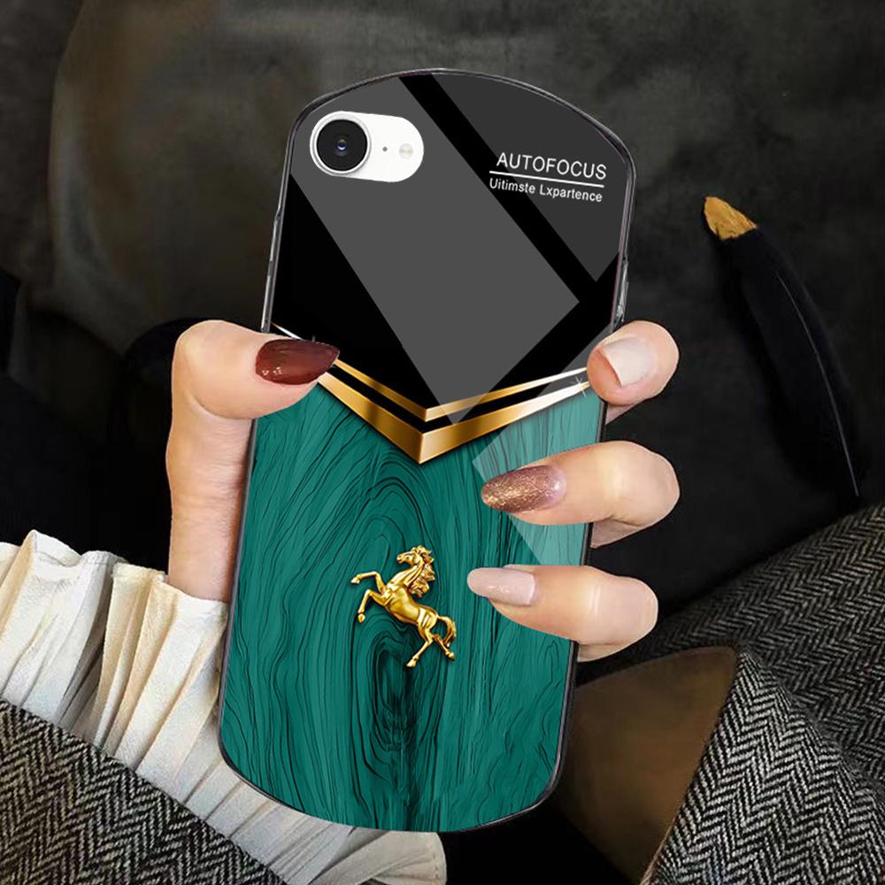 For iPhone 6 / 7 / 8 Wood Texture Golden Horse Pattern TPU + PC + Tempered Glass Phone Case(Green) - Shopkiz.com