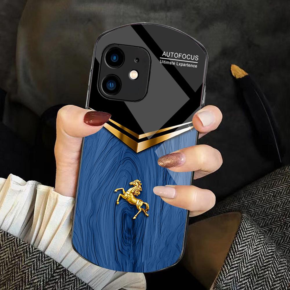 For iPhone 12 Wood Texture Golden Horse Pattern TPU + PC + Tempered Glass Phone Case(Blue) - Shopkiz.com