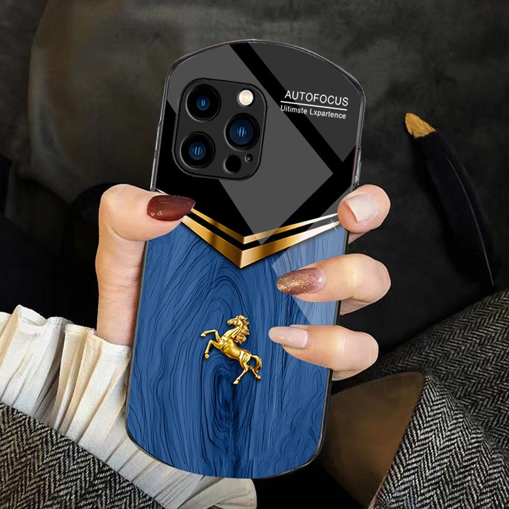 For iPhone 12 Pro Max Wood Texture Golden Horse Pattern TPU + PC + Tempered Glass Phone Case(Blue) - Shopkiz.com